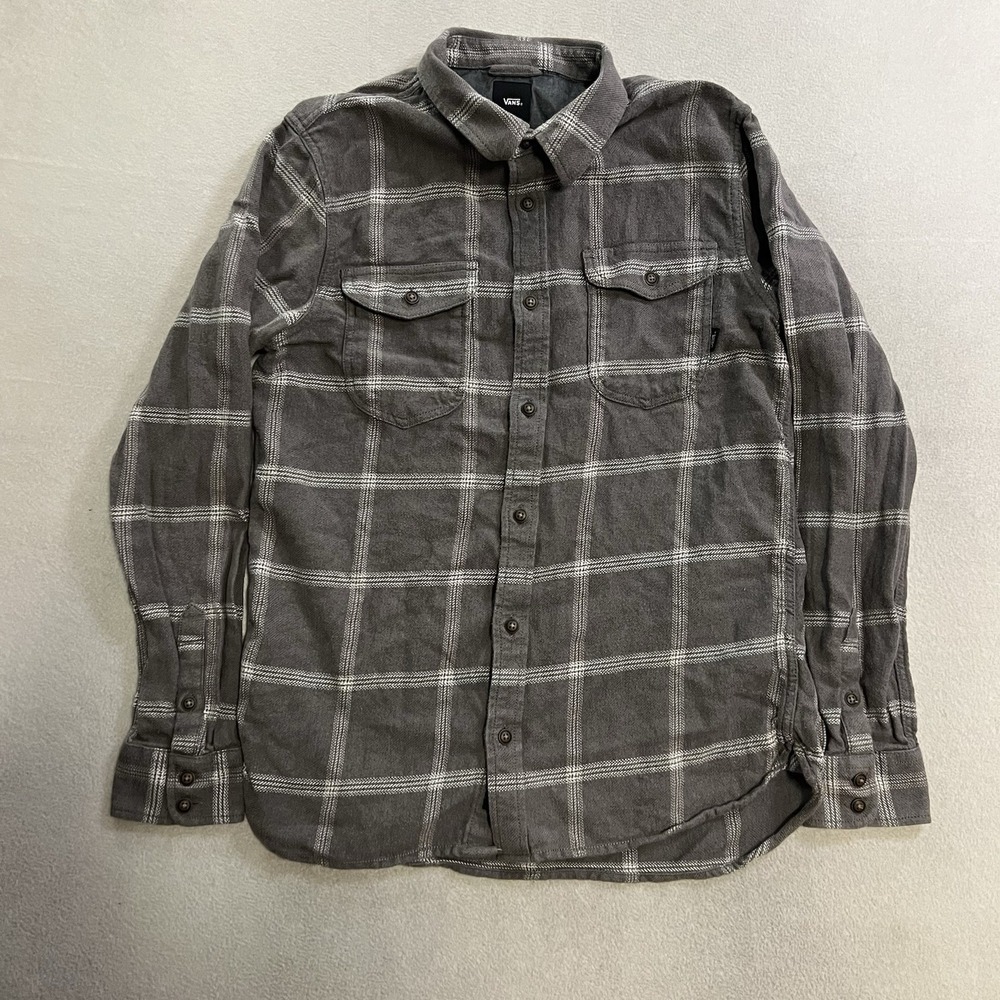 Vans Flannel Shirt Men's Size Medium Gray Plaid Button Up Long Sleeve Skater